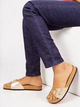 Gold Synthetic Leather Cork-Latex Footbed Flats (TC-100505-GLD)