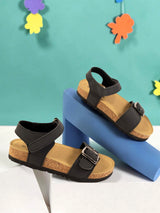 Black Synthetic Leather Cork-Latex Footbed Velcro Sandals For Kids-Unisex (TC-100512-BLK)