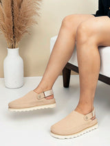 Beige Suede Adjustable Strap And Top Design Velcro Clog Flats (TC-2026-1-BEIG)