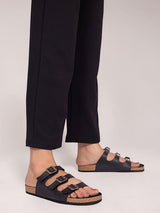 Black Synthetic Leather Cork-Latex Footbed Flat Sliders (TC-261104-BLK)