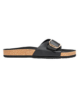 Black Synthetic Leather Cork-Latex Footbed Flat Sliders (TC-261113-BLK)
