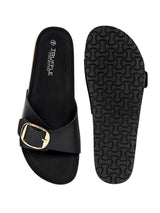 Black Synthetic Leather Cork-Latex Footbed Flat Sliders (TC-261113-BLK)