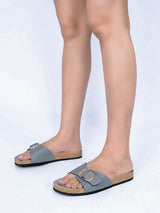 Grey Synthetic Leather Cork-Latex Footbed Flat Sliders (TC-261113-GRY)