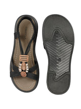 Black Synthetic Leather Embellished Floral Accents Flatform Sandals (TC-392-BLK)