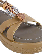 Khaki Synthetic Leather Embellished Floral Accents Flatform Sandals (TC-392-KHA)