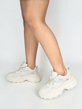 Cream Mesh Metallic Silver And Texture-Blocked Overlays Chunky Sneakers (TC-5201-1-CRM)
