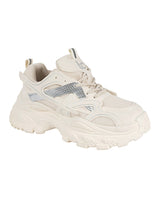 Cream Mesh Metallic Silver And Texture-Blocked Overlays Chunky Sneakers (TC-5201-1-CRM)