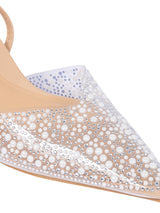 Beige Synthetic Leather Perspex Diamanté With Pearl Stiletto Heels (TC-7935-1-BEIG)