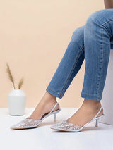 Silver Synthetic Leather Perspex Diamanté With Pearl Stiletto Heels (TC-7935-1-SIL)