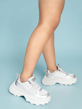 Silver Mesh Textured Overlay Design With Thick Sole Chunky Sneakers (TC-8785-4-SIL)