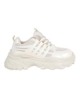 White Mesh Textured Overlay Design With Thick Sole Chunky Sneakers (TC-8785-4-WHT)