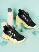 Black Yellow Mesh Paw Print Dial Lock Closure Sneakers For Kids-Unisex (TC-9050-BLKYEL)