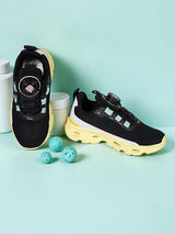 Black Yellow Mesh Paw Print Dial Lock Closure Sneakers For Kids-Unisex (TC-9050-BLKYEL)