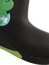 Black Rubber Dinosaur Applique Detailed Lace-Up Rain Boots For Kids-Unisex (TC-97-300-BLK)