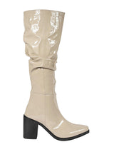 Beige Patent Leather Ruched Design Block Heel Long Boot (TC-AVI-01-BEIG)