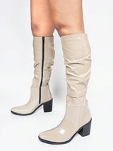 Beige Patent Leather Ruched Design Block Heel Long Boot (TC-AVI-01-BEIG)
