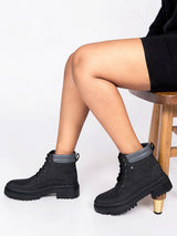 Black Synthetic Leather Lace-Up Block Heel Ankle Boot (TC-AVI-03-BLK)