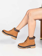 Tan Synthetic Leather Lace-Up Block Heel Ankle Boot (TC-AVI-03-TAN)