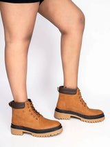 Tan Synthetic Leather Lace-Up Block Heel Ankle Boot (TC-AVI-03-TAN)