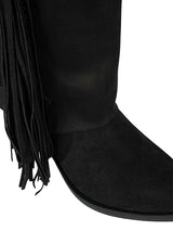 Black Suede Layered Fringe Detailing Block Heel Long Boot (TC-AVI-06-BLK)
