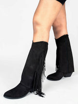 Black Suede Layered Fringe Detailing Block Heel Long Boot (TC-AVI-06-BLK)