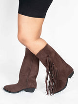 Brown Suede Layered Fringe Detailing Block Heel Long Boot (TC-AVI-06-BRO)