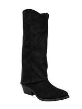 Black Suede Fold Over Block Heel Long Boot (TC-AVI-07-BLK)