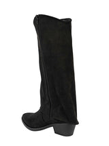 Black Suede Fold Over Block Heel Long Boot (TC-AVI-07-BLK)
