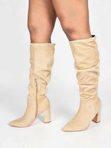 Beige Suede Pointed Toe Slouched Side Zipper Chunky Block Heel Long Boot (TC-DF003-BEIG)