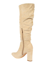 Beige Suede Pointed Toe Slouched Side Zipper Chunky Block Heel Long Boot (TC-DF003-BEIG)