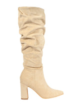 Beige Suede Pointed Toe Slouched Side Zipper Chunky Block Heel Long Boot (TC-DF003-BEIG)
