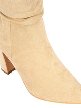 Beige Suede Pointed Toe Slouched Side Zipper Chunky Block Heel Long Boot (TC-DF003-BEIG)