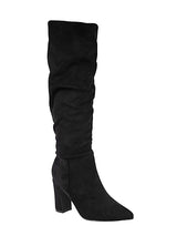 Black Suede Pointed Toe Slouched Side Zipper Chunky Block Heel Long Boot (TC-DF003-BLK)
