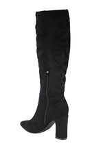 Black Suede Pointed Toe Slouched Side Zipper Chunky Block Heel Long Boot (TC-DF003-BLK)