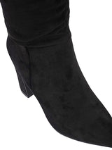 Black Suede Pointed Toe Slouched Side Zipper Chunky Block Heel Long Boot (TC-DF003-BLK)