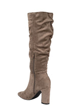 Khaki Suede Pointed Toe Slouched Side Zipper Chunky Block Heel Long Boot (TC-DF003-KHA)