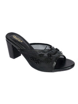 Black Net Embellished Open Toe Slip-On Block Heel Sandals (TC-MD111-BLK)