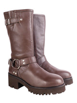 Brown Genuine Leather Chunky Block Heel Round Toe Mid-Calf Harness Boot (TC-MONDO8662-BRO)