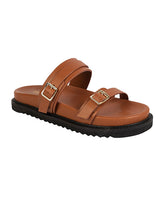 Tan Synthetic Leather Double Strap Buckle Slip-On Flats (TC-OS-0309-TAN)