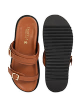 Tan Synthetic Leather Double Strap Buckle Slip-On Flats (TC-OS-0309-TAN)