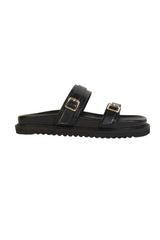 Black Synthetic Leather Double Strap Buckle Slip-On Flats (TC-OS-0309-TOTBLK)