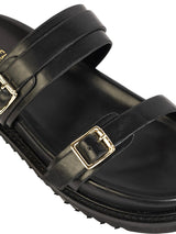 Black Synthetic Leather Double Strap Buckle Slip-On Flats (TC-OS-0309-TOTBLK)