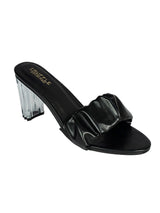 Black Synthetic Leather Ruched Strap Open Toe Transparent Block Heel Sandals (TC-OS-0312-BLK)