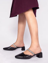 Black Synthetic Leather Pointed Toe Embellished Block Mules (TC-OS-0314-BLK)