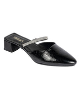 Black Synthetic Leather Pointed Toe Embellished Block Mules (TC-OS-0314-BLK)
