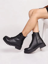 Black Synthetic Leather Lace-Up Front & Side Zipper Block Heel Ankle Boot (TC-OS-0320-BLK)