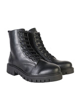 Black Synthetic Leather Lace-Up Front & Side Zipper Block Heel Ankle Boot (TC-OS-0320-BLK)