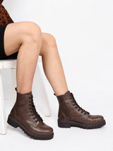 Brown Synthetic Leather Lace-Up Front & Side Zipper Block Heel Ankle Boot (TC-OS-0320-BRO)