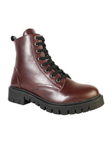 Burgundy Synthetic Leather Lace-Up Front & Side Zipper Block Heel Ankle Boot (TC-OS-0320-BUR)