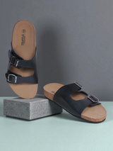 Black Synthetic Leather Cork-Latex Footbed Flats For Men (TC-OS-306MEN-BLK)